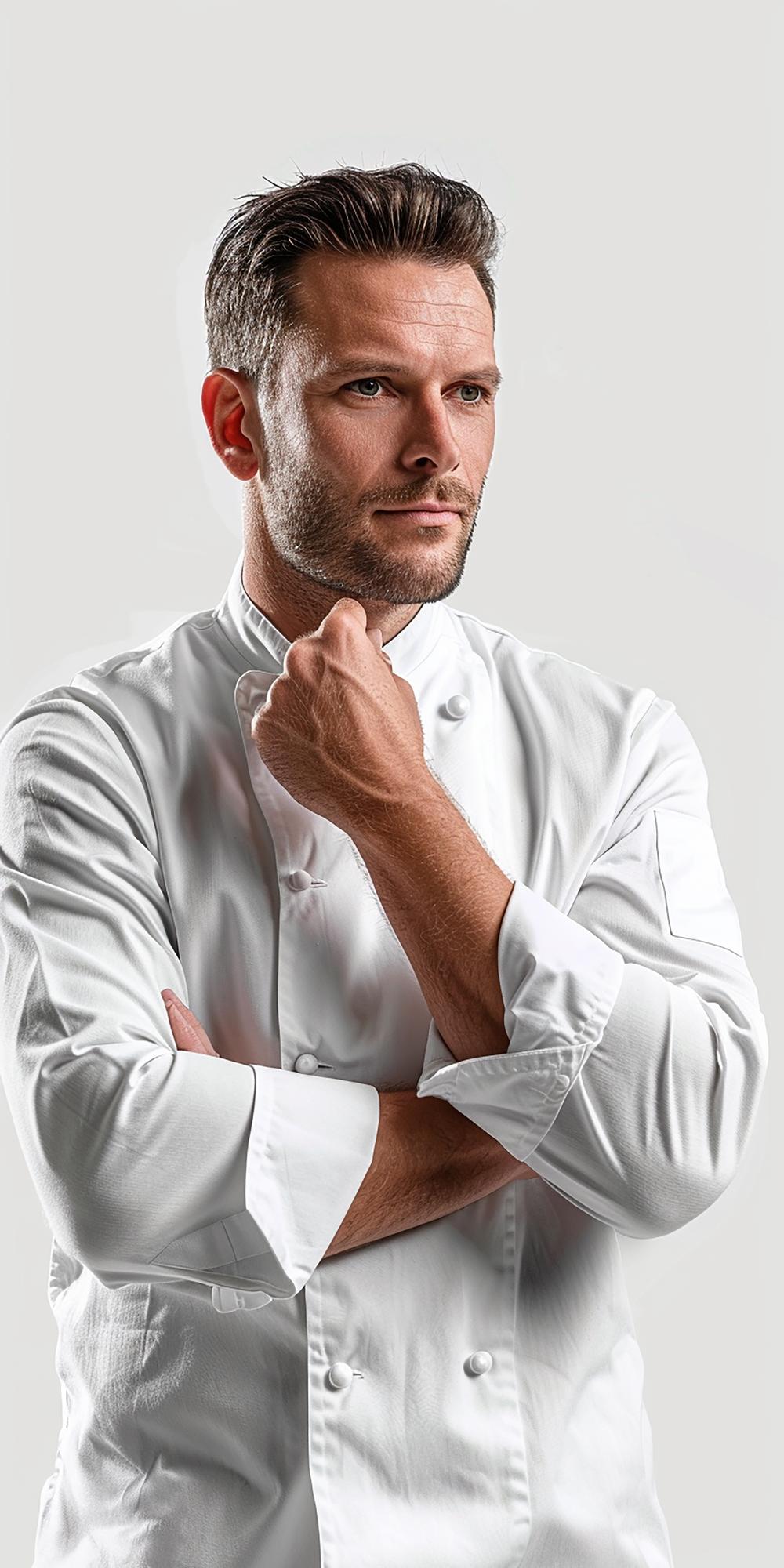 Chef elegante che cucina in studio